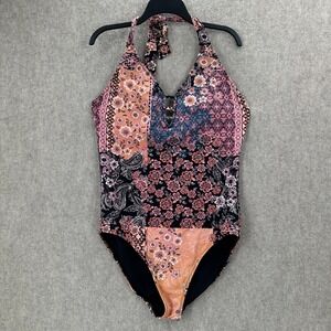 Garnet Hill One Piece Patchwork Swimsuit 16 Multicolor Floral Paisley Halter